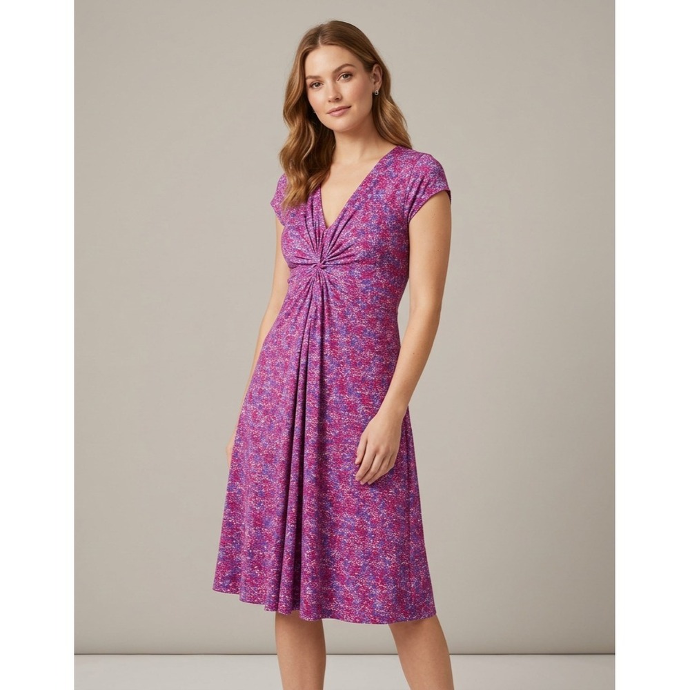 Garnet Hill Garden Party Knit Dress Womens 12‎ Purple Patterned Twist Front